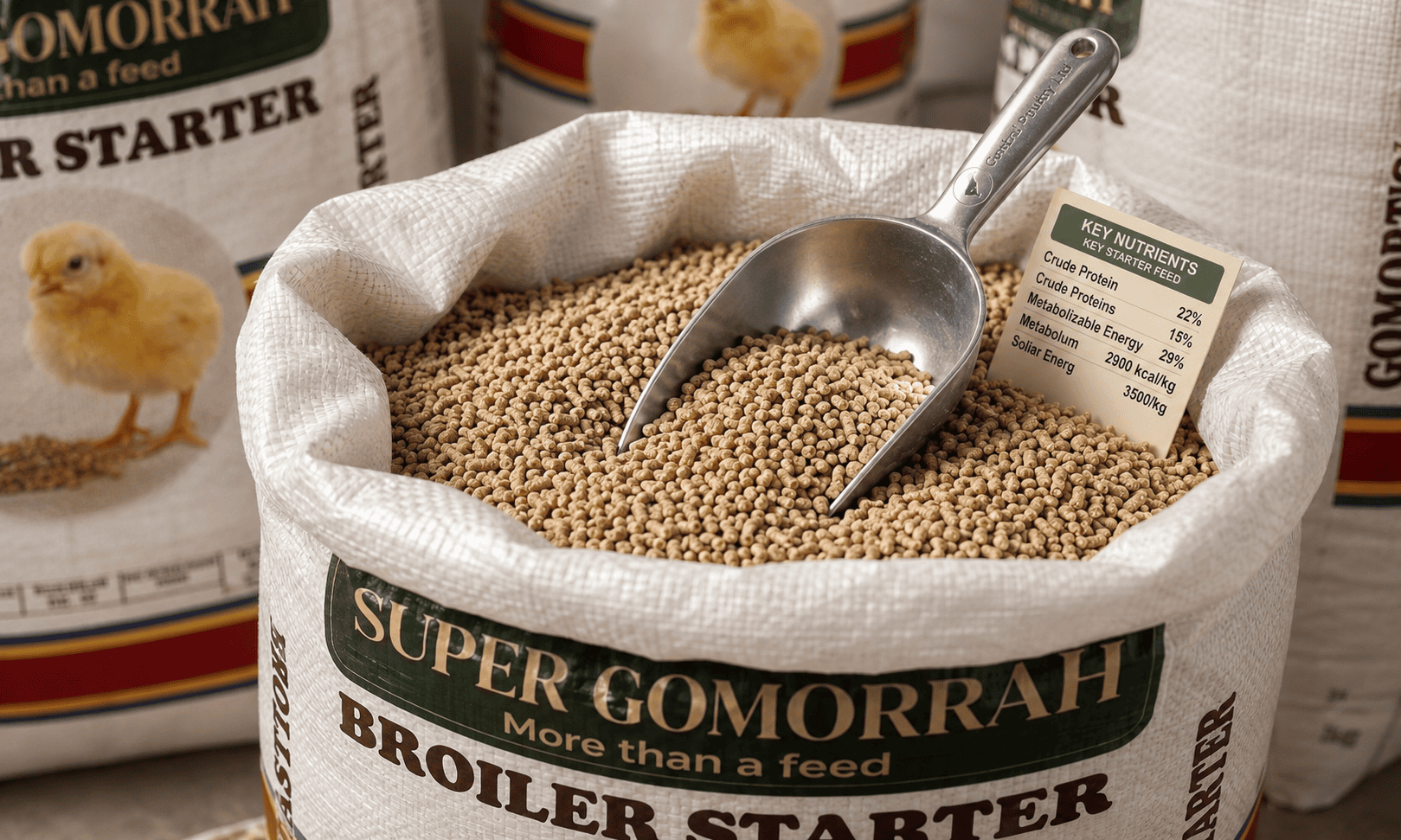 Industrial poultry feed packaging close-up