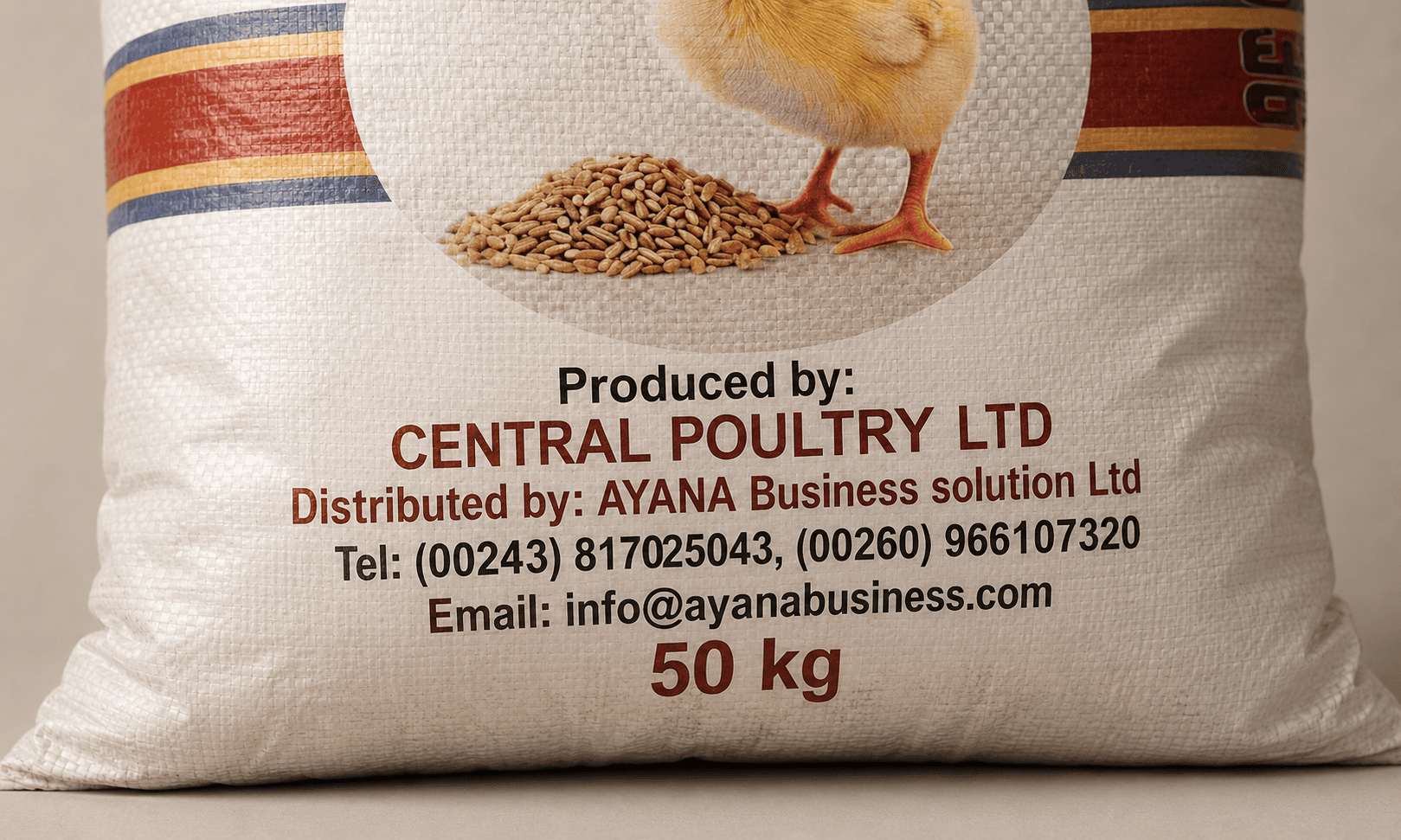 Poultry feed bag with chick illustration