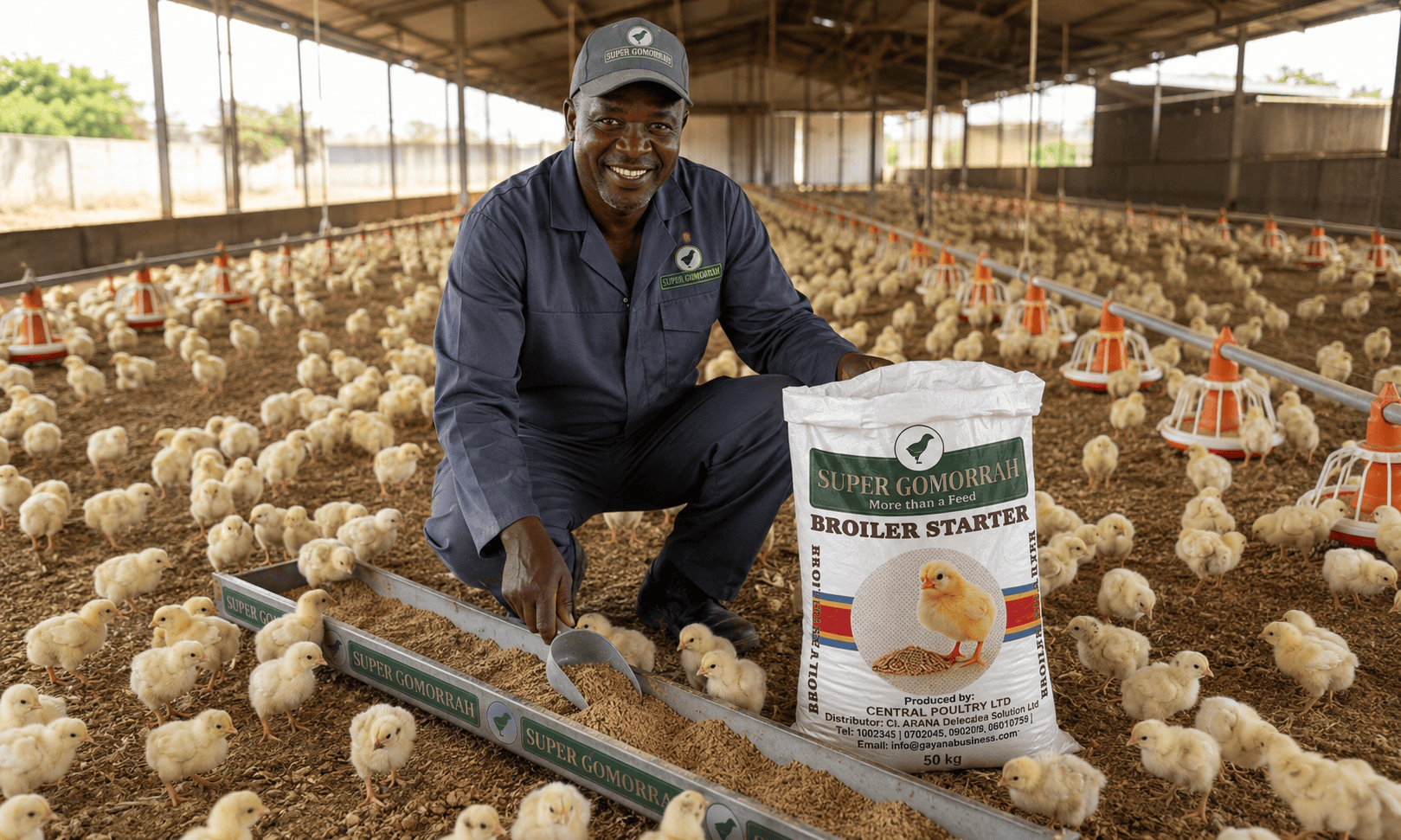 Smiling farmer with chicks in poultry barn