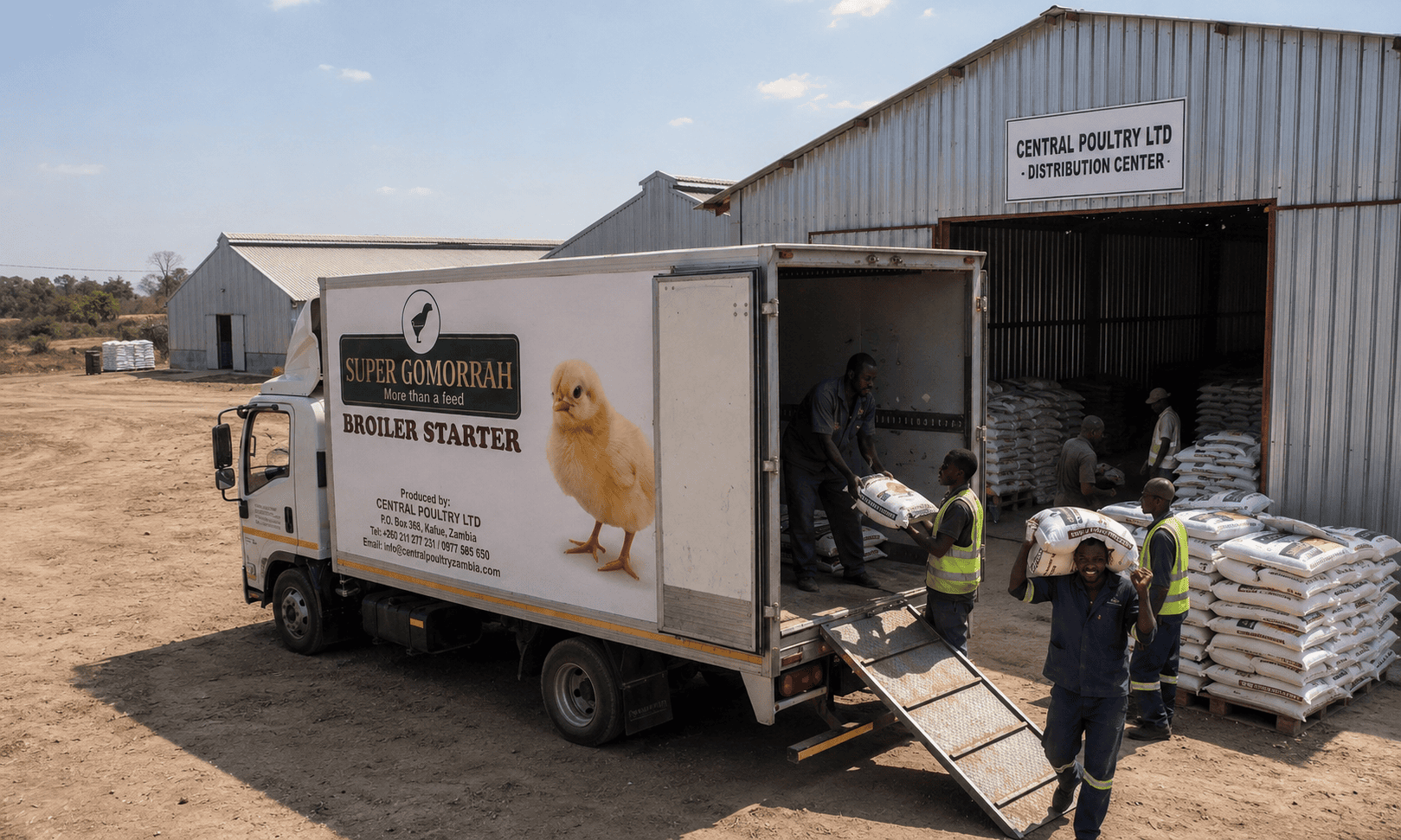 Unloading feed at poultry distribution center